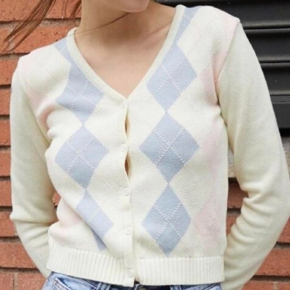 Brandy Melville Sweaters - Brandy Melville Pink and Blue Argyle Cardigan